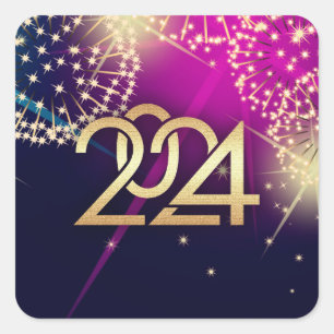 Alles Gute zum neuen Jahr 2024. Feuerwerkskörper Quadratischer Aufkleber