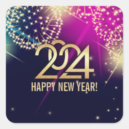 Alles Gute zum neuen Jahr 2024. Feuerwerkskörper Quadratischer Aufkleber