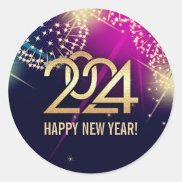 Alles Gute zum neuen Jahr 2024. Feuerwerkskörper Runder Aufkleber