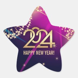 Alles Gute zum neuen Jahr 2024. Feuerwerkskörper Stern-Aufkleber