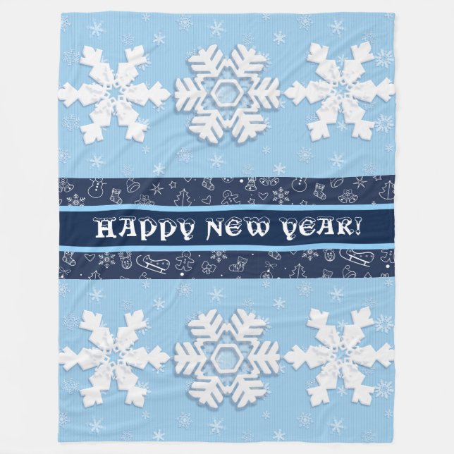 Alles Gute zum Neujahr! Winterweiße Schneeflocken- Fleecedecke (Vorderseite)