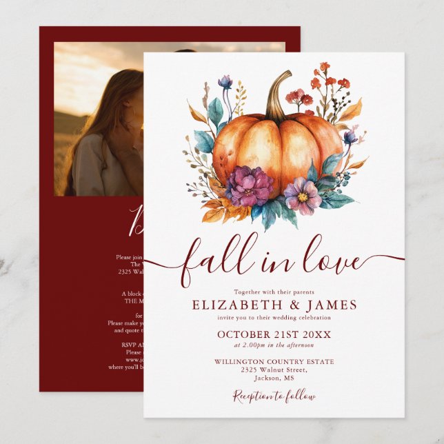 Alles in einem Burgund Fall in Liebe Foto Hochzeit Einladung (Vorne/Hinten)