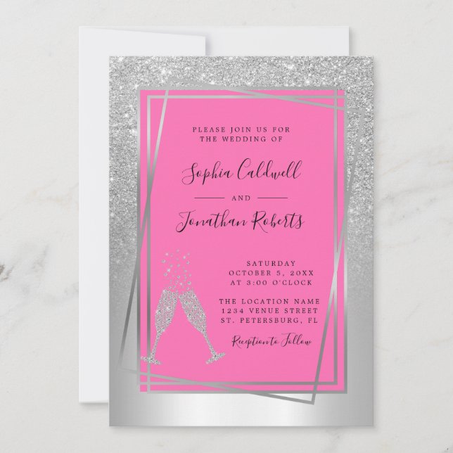 Alles in einem Champagner Pink Silver Glitzer Hoch Einladung (Vorderseite)