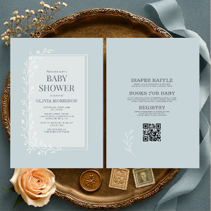 Alles in Einem Dusty Blue Botanical Floral Baby Sh Einladung
