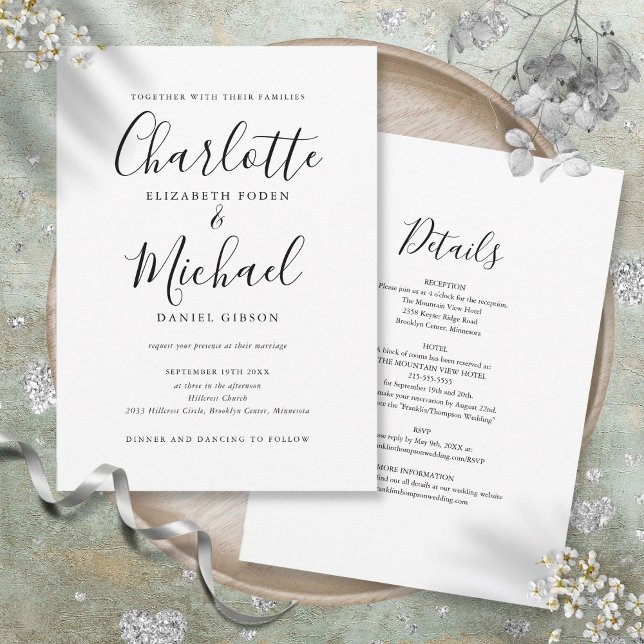 Alles in einem einfachen Schwarz-Weiß-Skript-Hochz Einladung (All In One Simple Black And White Script Wedding Invitation)