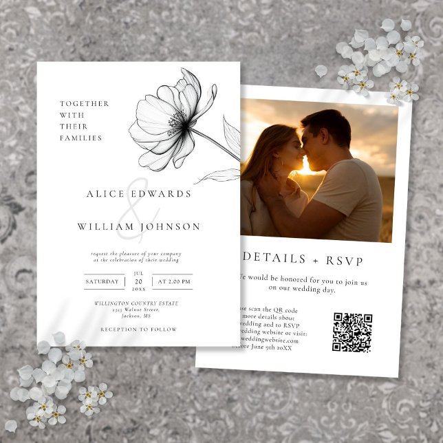 Alles in einem Minimalistischen Foto QR Code Hochz Einladung (All In One Minimalist Floral Photo QR Code Wedding Invitation)