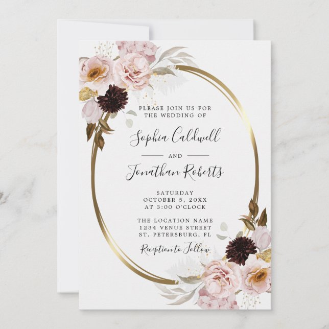 Alles in einem Rosa Rosen Gold Rahmen Hochzeit Einladung (Vorderseite)