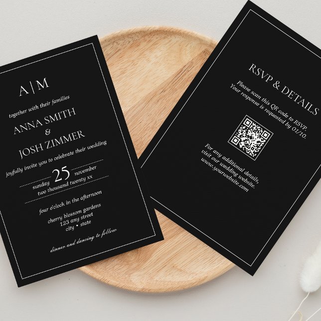 Alles in einem Sleek Black & White Minimal QR Code Einladung (All in one Black Invitation with QR code - classy, elegant, modern typography)