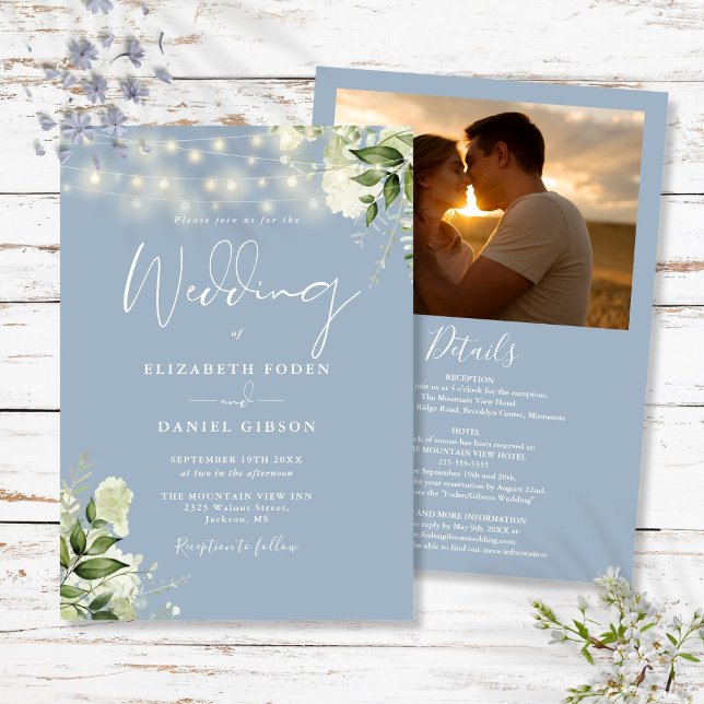 Alles in einem trüben Foto mit blauer Grünpflanzen Einladung (All In One Dusty Blue Greenery Light Photo Wedding Invitation)