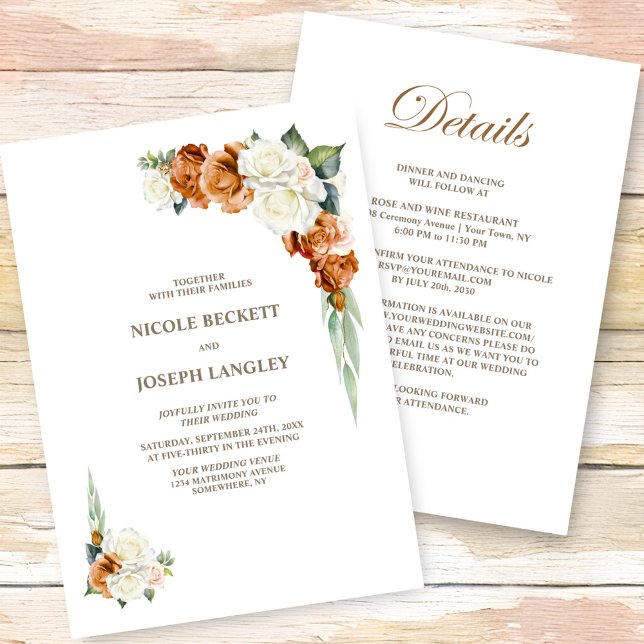 Alles in einer burnt Orange White Floral Hochzeit Einladung (Von Creator hochgeladen)