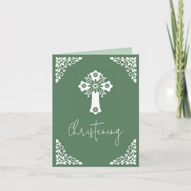 Alles in einer Einladung zur Taufe Cross Fern Gree (Vorderseite)