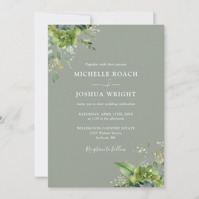 Alles in einer Eukalyptus-Grünen Sage Green Weddin Einladung (Vorderseite)