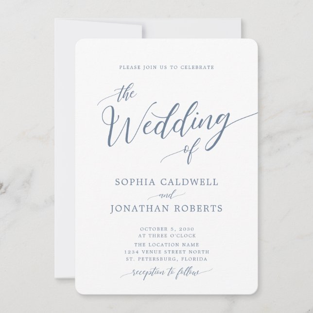 Alles in einer Kalligrafie Trendy Dusty Blue Weddi Einladung (Vorderseite)