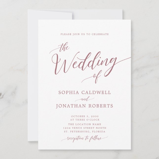 Alles in einer Kalligrafie Trendy Dusty Rose Weddi Einladung (Vorderseite)
