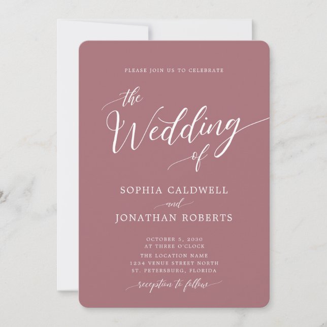 Alles in einer Kalligrafie Trendy Dusty Rose Weddi Einladung (Vorderseite)