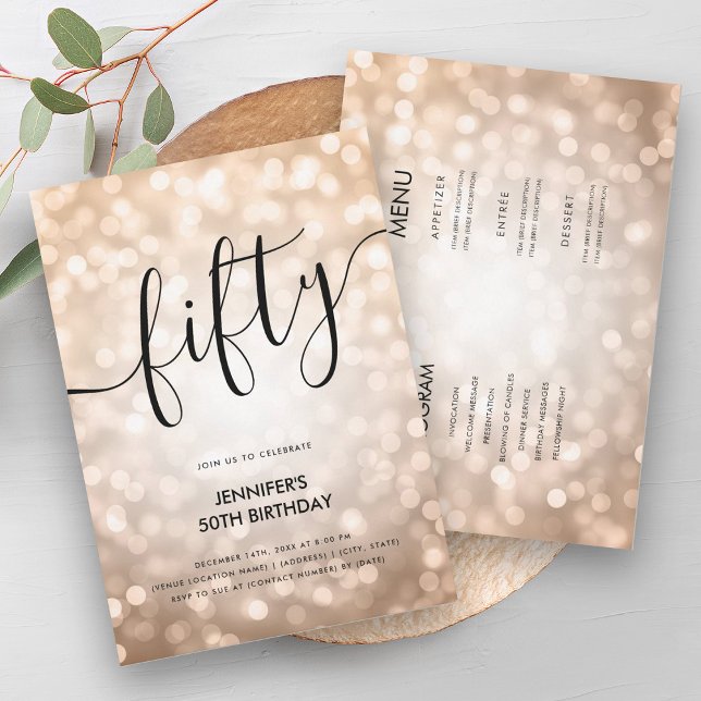Alles in einer Rose Gold Glitzer Lights 50 Geburts Einladung (All In One Rose Gold Glitter Lights 50 Birthday Invitation)