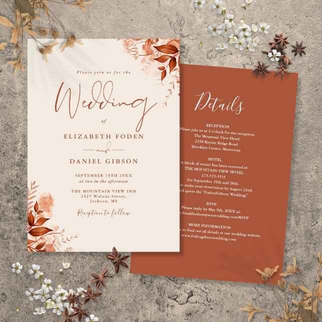 Alles in einer rustikalen Herbsthochzeit Einladung (All In One Rustic Autumn Fall Floral Wedding Invitation)