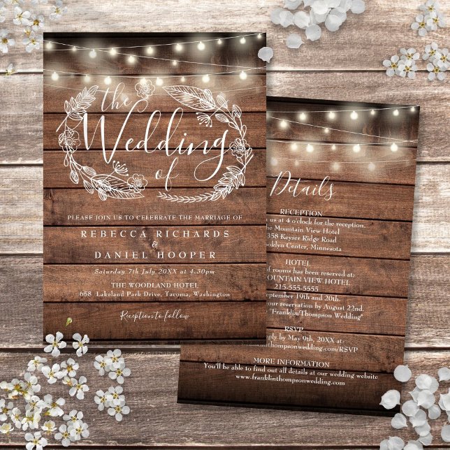 Alles in einer rustikalen Holzsaitenhochzeit Einladung (All In One Rustic Wood String Lights Wedding Invitation)