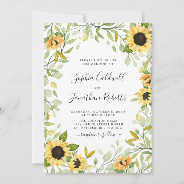Alles in einer Sonnenblumen- und Foliage-Hochzeit Einladung (Vorderseite)