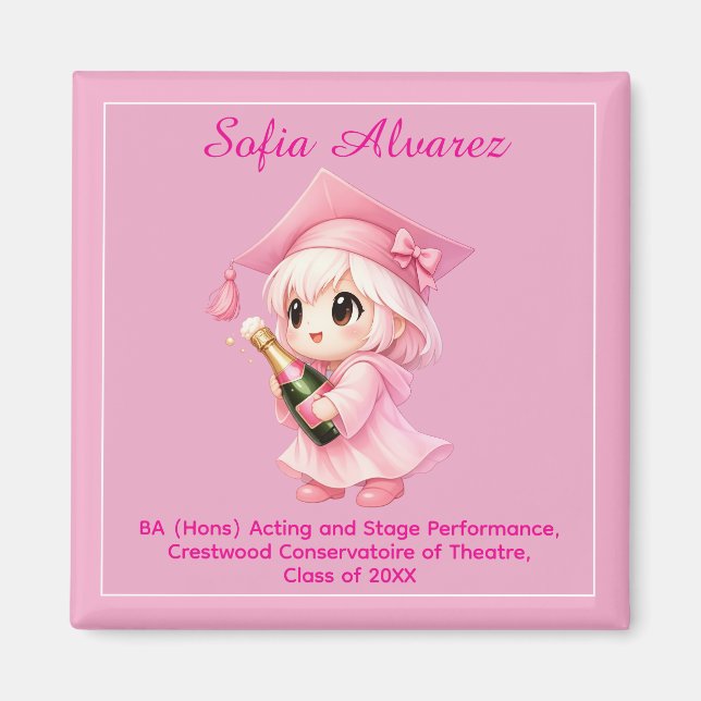 🎓 Alles Text Chibi Champagner Abschlussfeier Magnet (Vorne)