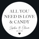 ALLES, WAS SIE BRAUCHEN, IST LIEBE UND KANDISCHE G RUNDER AUFKLEBER<br><div class="desc">Ein klassischer Black Danke You Wedding Sticker mit "Alles was Sie brauchen ist Liebe und Bonbons" in einem klassisch-modernen und eleganten Schriftart. Sie können es einfach mit Ihren Namen und Hochzeitsdatum personalisiert.</div>