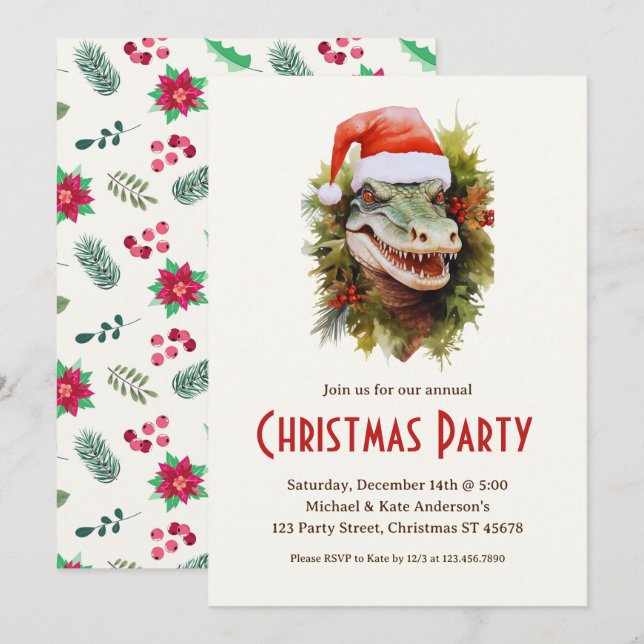 Alligator eine Weihnachtsmannmütze Poinsettias Wei Einladung (Vorne/Hinten)