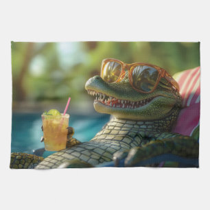 Alligator genießt einen Cocktail am Pool Geschirrtuch