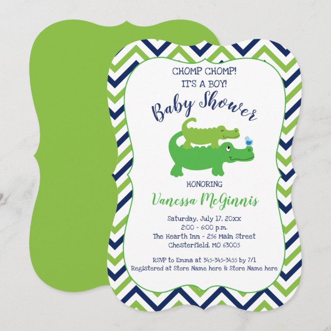 Alligator Green Blue Boy Baby shower Invitation (Devant / Derrière)