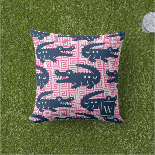 Alligator-Griechischer Schlüssel - Hot Pink & Navy Kissen