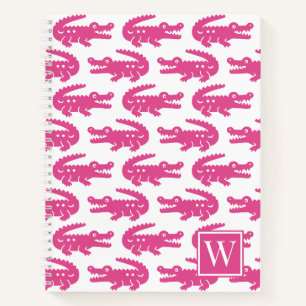 Alligator im Prep-Stil - Hot Pink & Weiße Monogram Notizbuch