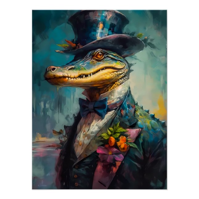 Alligator in der Top Hat & Bow-Krawatte Poster (Vorderseite)