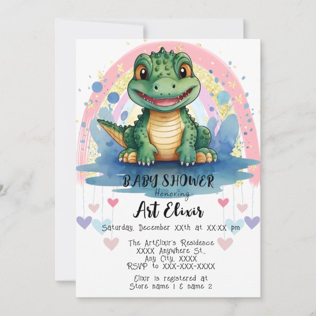 Alligator Pastel Rainbow Hearful Print Einladung (Vorderseite)