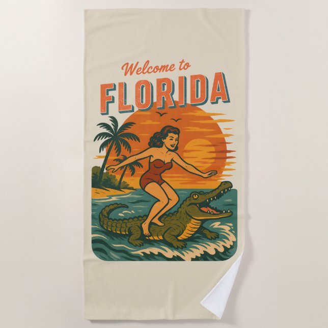 Alligator Surfing Beach Pin-up | Retro Coastal Art Strandtuch (Vorderseite)