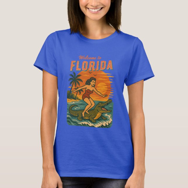 Alligator Surfing Beach Pin-up Retro Coastal Life T-Shirt (Vorderseite)