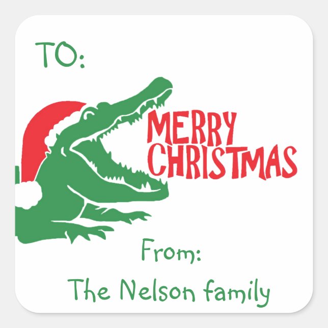 Alligator Weihnachtsaufkleber Quadratischer Aufkleber (Vorderseite)