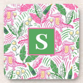 Alligator Wine Pink Green Monogram Preppy Getränkeuntersetzer