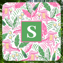 Alligator Wine Pink Green Monogram Preppy Getränkeuntersetzer
