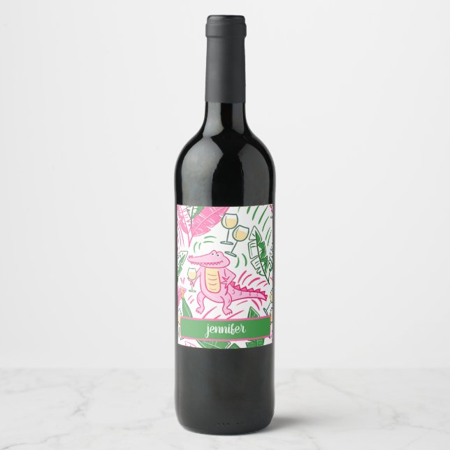 Alligator Wine Pink Green Preppy Personalisiert Weinetikett (Vorderseite)