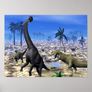 Allosaurus attackiert Brachiosaurus-Dinosaurier Poster