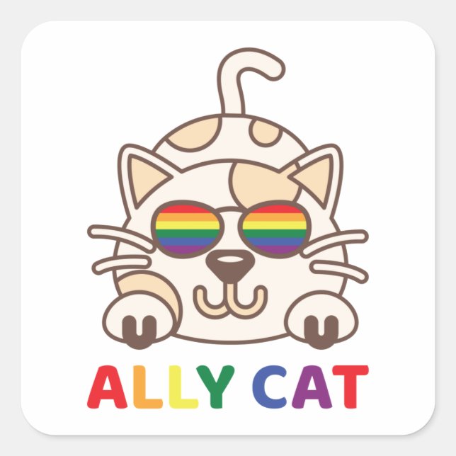 Ally Cat LGBTQ Gay Lesbian Rainbow Prilag Flag Quadratischer Aufkleber (Vorderseite)