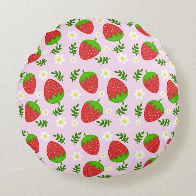 Almofada fofa design contínuo morangos fundo rosa rundes kissen (Vorderseite)