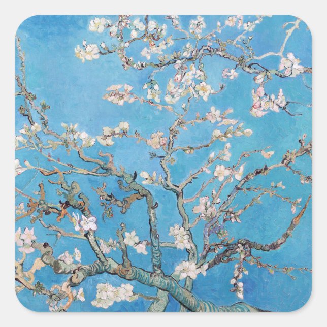 Almond Blossoms Blauer Vincent van Gogh Malerei Quadratischer Aufkleber (Vorderseite)