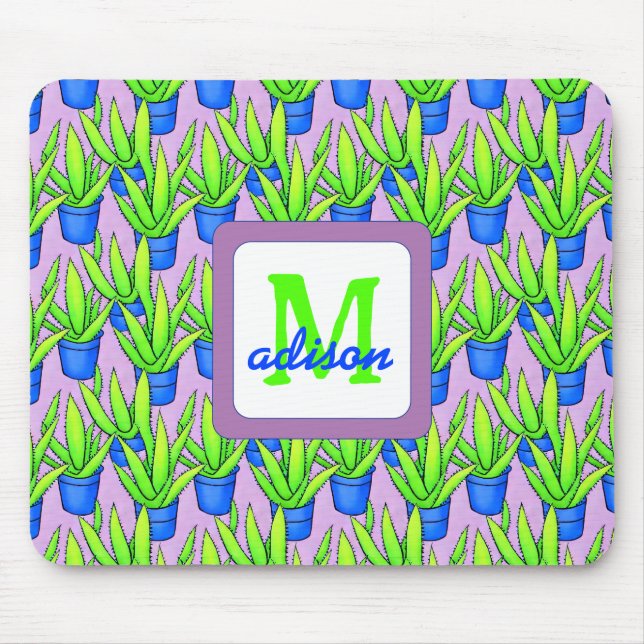 Aloe Vera Pflanze Muster Mit Monogramm Mousepad (Vorne)