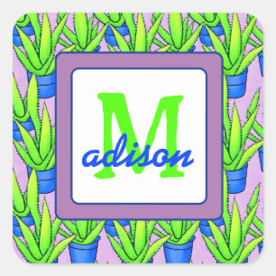 Aloe Vera Pflanze Muster Mit Monogramm Quadratischer Aufkleber