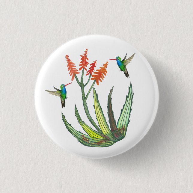 Aloe Vera Sukkulente Blume Hummingbirds Wasserfarb Button (Vorderseite)