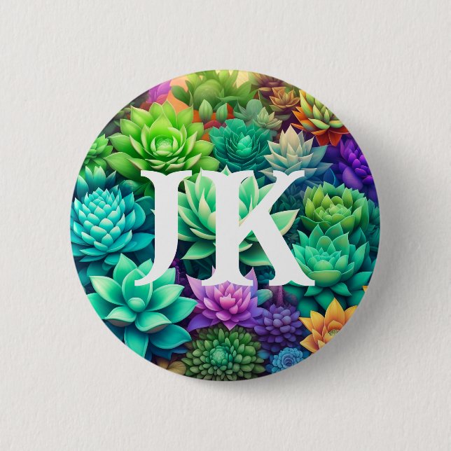 Aloe Vera und Succulents Collage Mit Monogramm Button (Vorderseite)