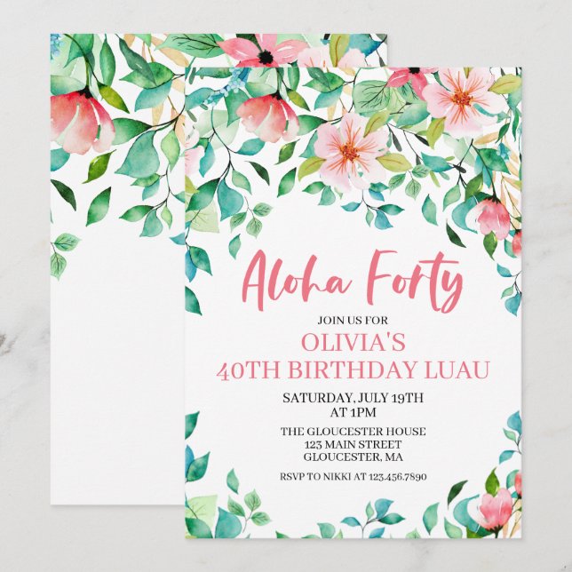 Aloha 40 Tropical Luau Geburtstagseinladung Einladung (Vorne/Hinten)