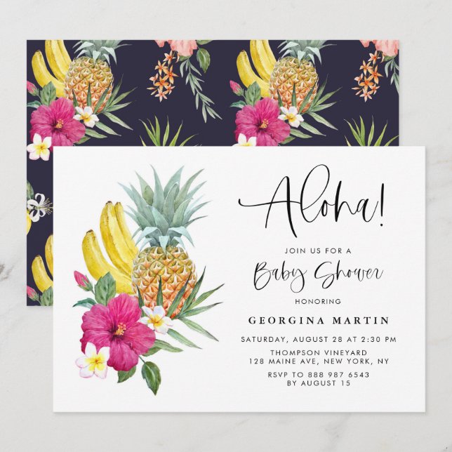 Aloha Ananas und Hibiskus Tropical Baby Shower Einladung (Vorne/Hinten)