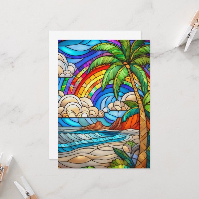 Aloha arc-en-ciel île vitrail carte (Devant/Arrière en situation)