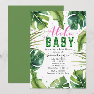 ALOHA BABY Baby Shower Tropische Blätter Rosa & Gr Einladung